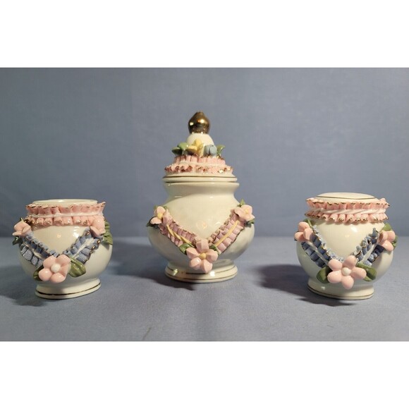 Mini Sugar Shaker Toothpick Holder Vintage Rose Garden Trinket Porcelain Set - Picture 8 of 11